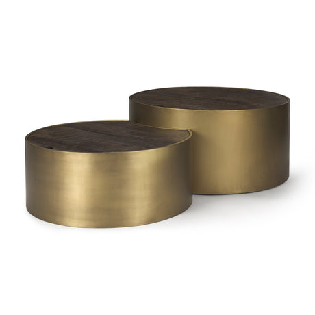 Eclipse Antique Brass Metal Drum Base w/ Dark Brown Wood Top Nested Coffee Table by Mercana at Eve Furniture