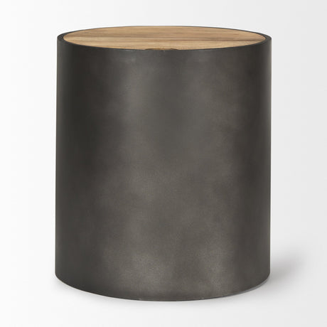 Eclipse Gunmetal Gray Drum Base w/ Brown Wood Top End/Side Table by Mercana at Eve Furniture