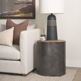 Eclipse Gunmetal Gray Drum Base w/ Brown Wood Top End/Side Table by Mercana at Eve Furniture