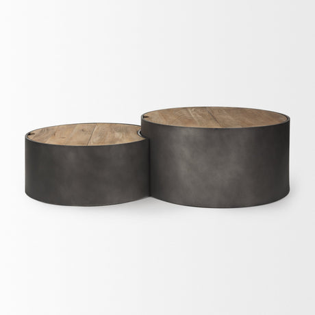 Eclipse Gunmetal Gray Drum Base w/ Brown Wood Top Nested Coffee Table by Mercana at Eve Furniture