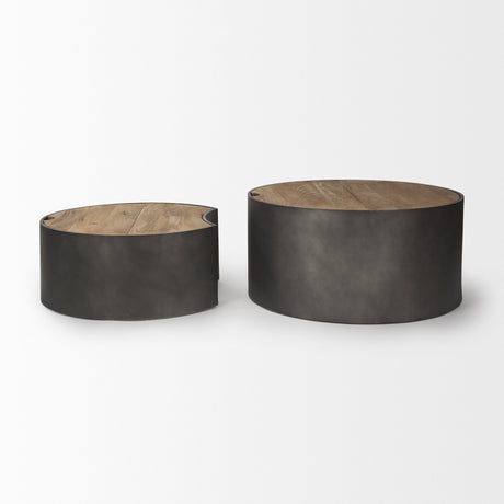 Eclipse Gunmetal Gray Drum Base w/ Brown Wood Top Nested Coffee Table by Mercana at Eve Furniture