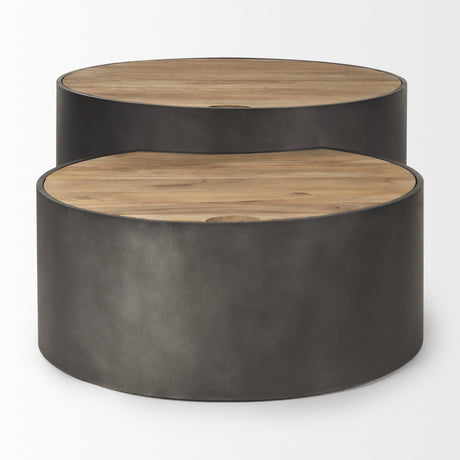 Eclipse Gunmetal Gray Drum Base w/ Brown Wood Top Nested Coffee Table by Mercana at Eve Furniture