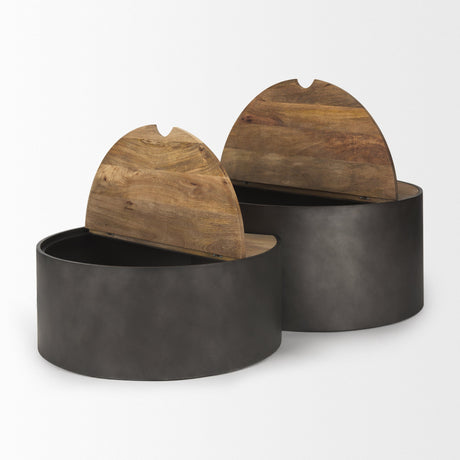 Eclipse Gunmetal Gray Drum Base w/ Brown Wood Top Nested Coffee Table by Mercana at Eve Furniture
