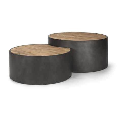 Eclipse Gunmetal Gray Drum Base w/ Brown Wood Top Nested Coffee Table by Mercana at Eve Furniture