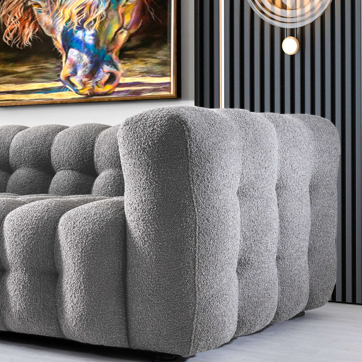 Eden Modern Tufted Chesterfield Boucle Fabric Sofa Light Grey