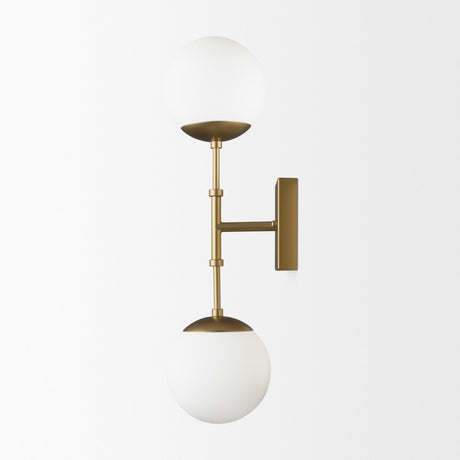 Edie Brushed Gold Metal w/ Frosted Glass Globes 2-Light Wall Sconce by Mercana at Eve Furniture