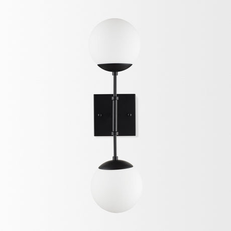 Edie Matte Black Metal w/ Frosted Glass Globes 2-Light Wall Sconce by Mercana at Eve Furniture