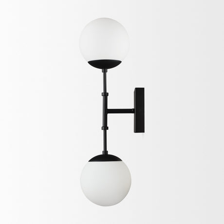 Edie Matte Black Metal w/ Frosted Glass Globes 2-Light Wall Sconce by Mercana at Eve Furniture