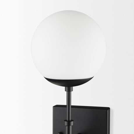 Edie Matte Black Metal w/ Frosted Glass Globes 2-Light Wall Sconce by Mercana at Eve Furniture