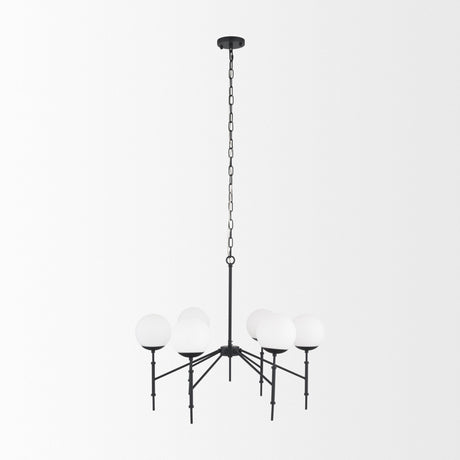 Edie Matte Black Metal w/ Frosted Glass Globes 6-Light Chandelier by Mercana at Eve Furniture