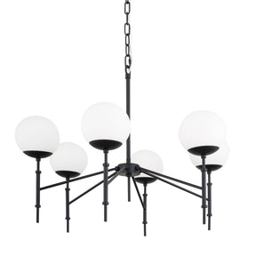 Edie Matte Black Metal w/ Frosted Glass Globes 6-Light Chandelier by Mercana at Eve Furniture
