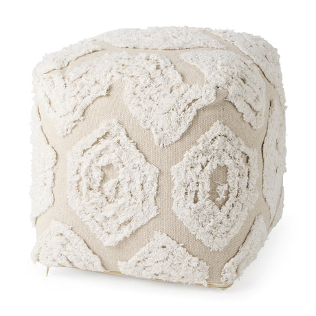 Ekanta Cream/Beige Patterned Cotton Pouf by Mercana at Eve Furniture