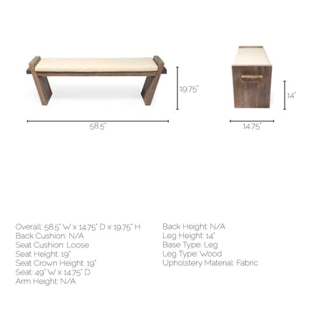 Elaine I Brown Wood Upholstered Cream Seat Entryway Bench by Mercana at Eve Furniture