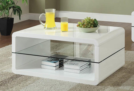 Elana Glossy White Rectangle 2-Shelf Coffee Table by Coaster at Eve Furniture