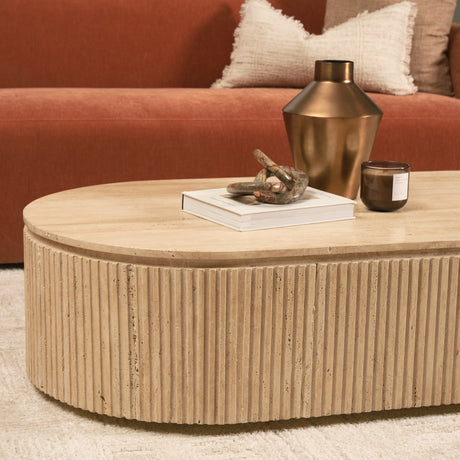 Elara Ribbed Oblong Travertine Coffee Table by Mercana at Eve Furniture