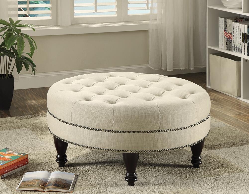 Elchin Oatmeal Round Upholstered Tufted Ottoman by Coaster at Eve Furniture