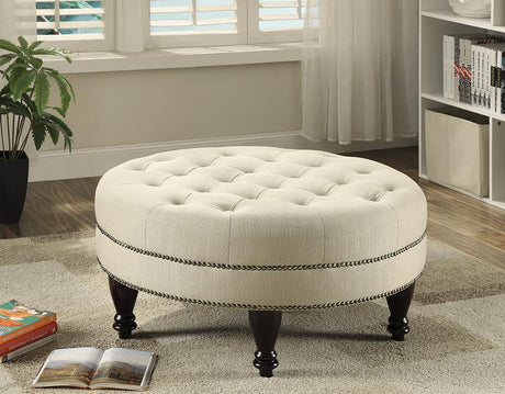 Elchin Oatmeal Round Upholstered Tufted Ottoman by Coaster at Eve Furniture