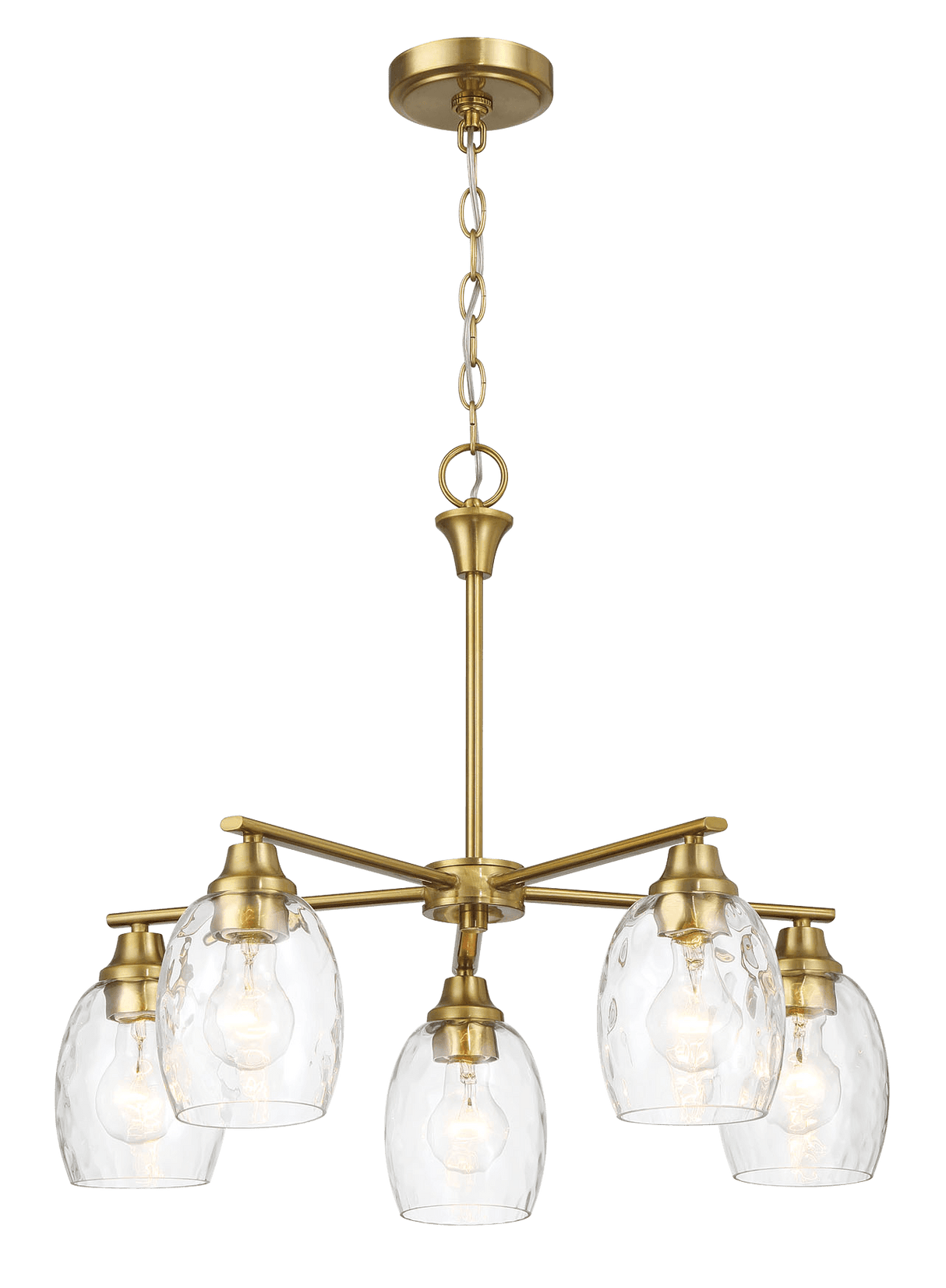 Elegance Five Lights Linear Arms with Golden Brass Finish Chain Chandelier 24"W × 8.5"H with Clear Water Glass