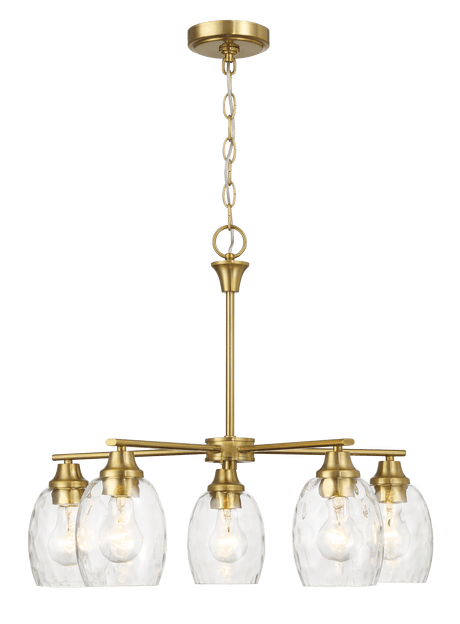 Elegance Five Lights Linear Arms with Golden Brass Finish Chain Chandelier 24"W × 8.5"H with Clear Water Glass