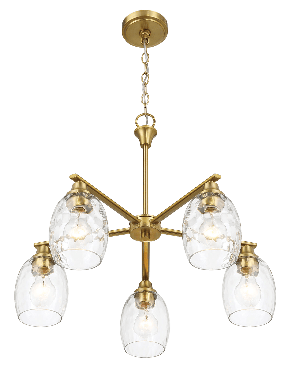 Elegance Five Lights Linear Arms with Golden Brass Finish Chain Chandelier 24"W × 8.5"H with Clear Water Glass