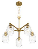 Elegance Five Lights Linear Arms with Golden Brass Finish Chain Chandelier 24"W × 8.5"H with Clear Water Glass