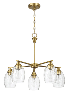 Elegance Five Lights Linear Arms with Golden Brass Finish Chain Chandelier 24"W × 8.5"H with Clear Water Glass by Ashcroft Furniture at Eve Furniture