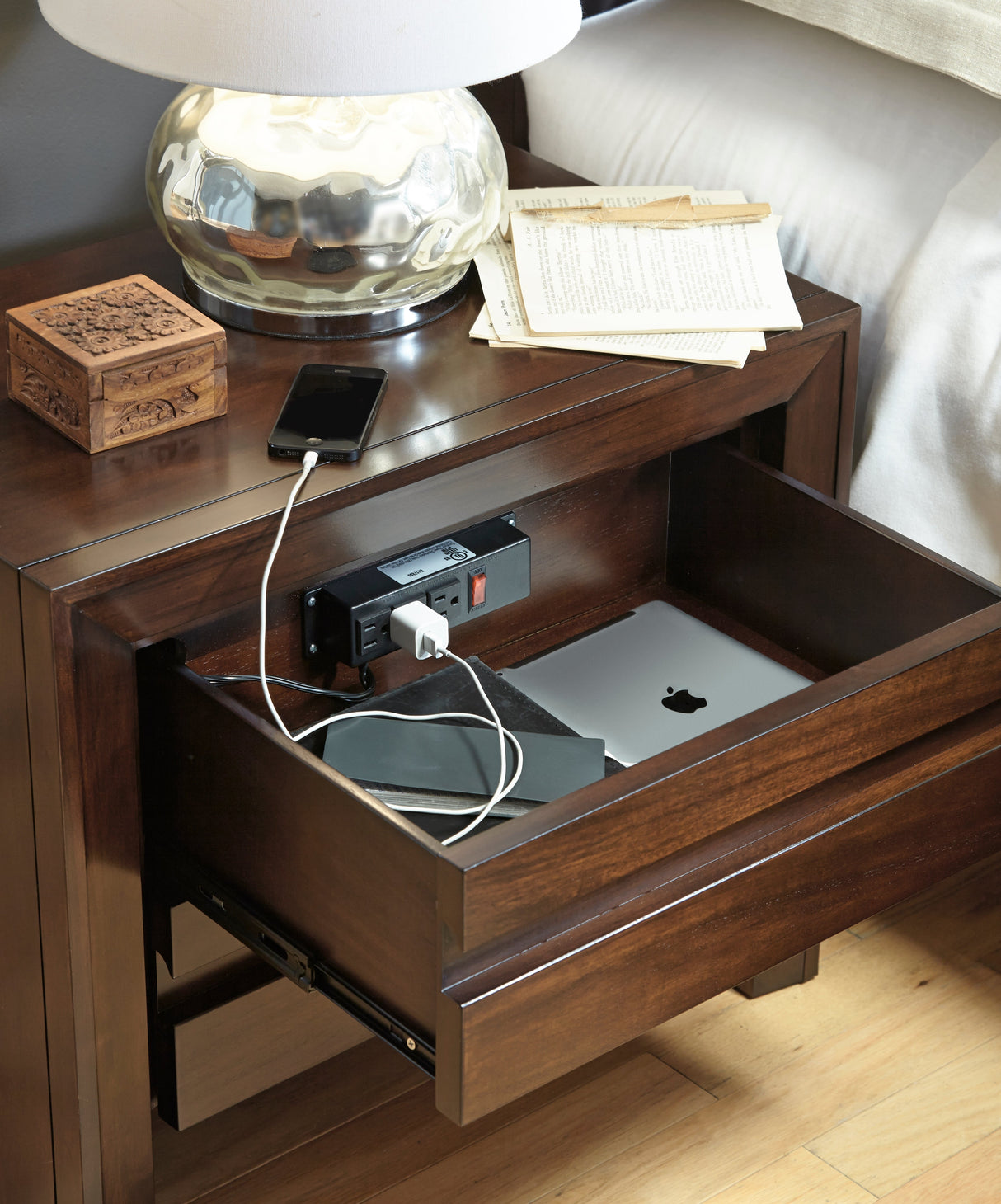 Element Charging Station Nightstand in Chocolate Brown by Modus Furniture at Eve Furniture