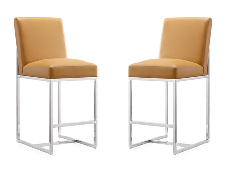 Element Faux Leather Counter Stool in Camel and Polished Chrome (set of 2) by Manhattan Comfort at Eve Furniture