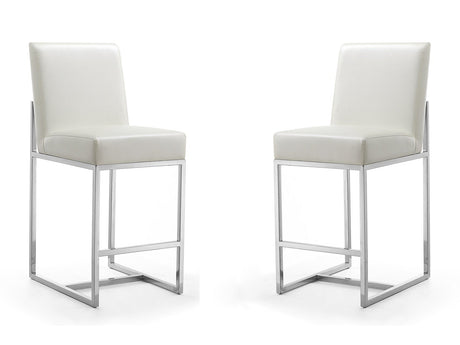 Element Faux Leather Counter Stool in Pearl White and Polished Chrome (set of 2) by Manhattan Comfort at Eve Furniture