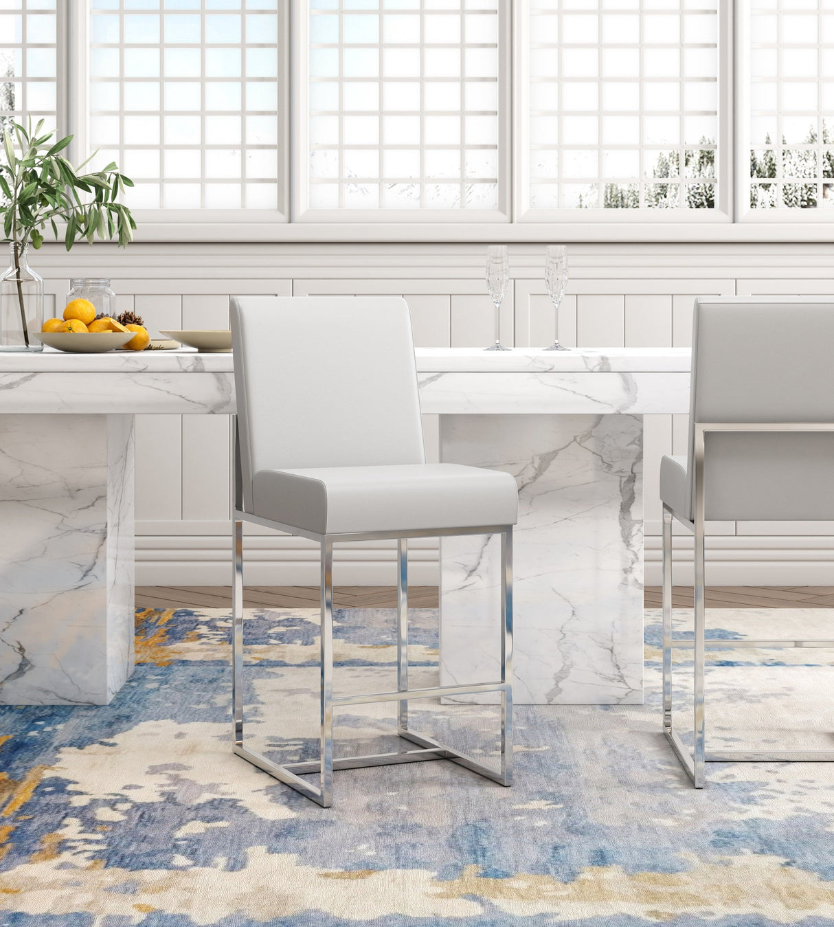Element Faux Leather Counter Stool in Pearl White and Polished Chrome (Set of 3) by Manhattan Comfort at Eve Furniture
