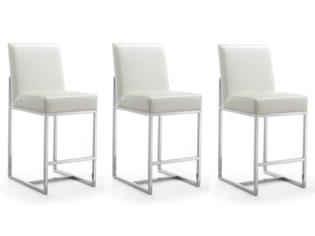 Element Faux Leather Counter Stool in Pearl White and Polished Chrome (Set of 3) by Manhattan Comfort at Eve Furniture