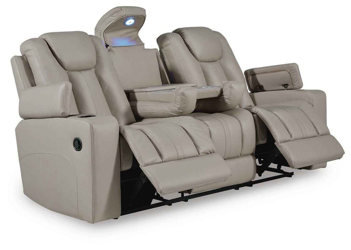 Elevate Edges Coin Reclining Sofa with Drop Down Table by Ashley at Eve Furniture