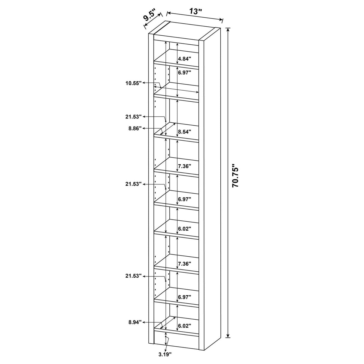 Eliam Cappuccino Rectangular Bookcase with 2 Fixed Shelves