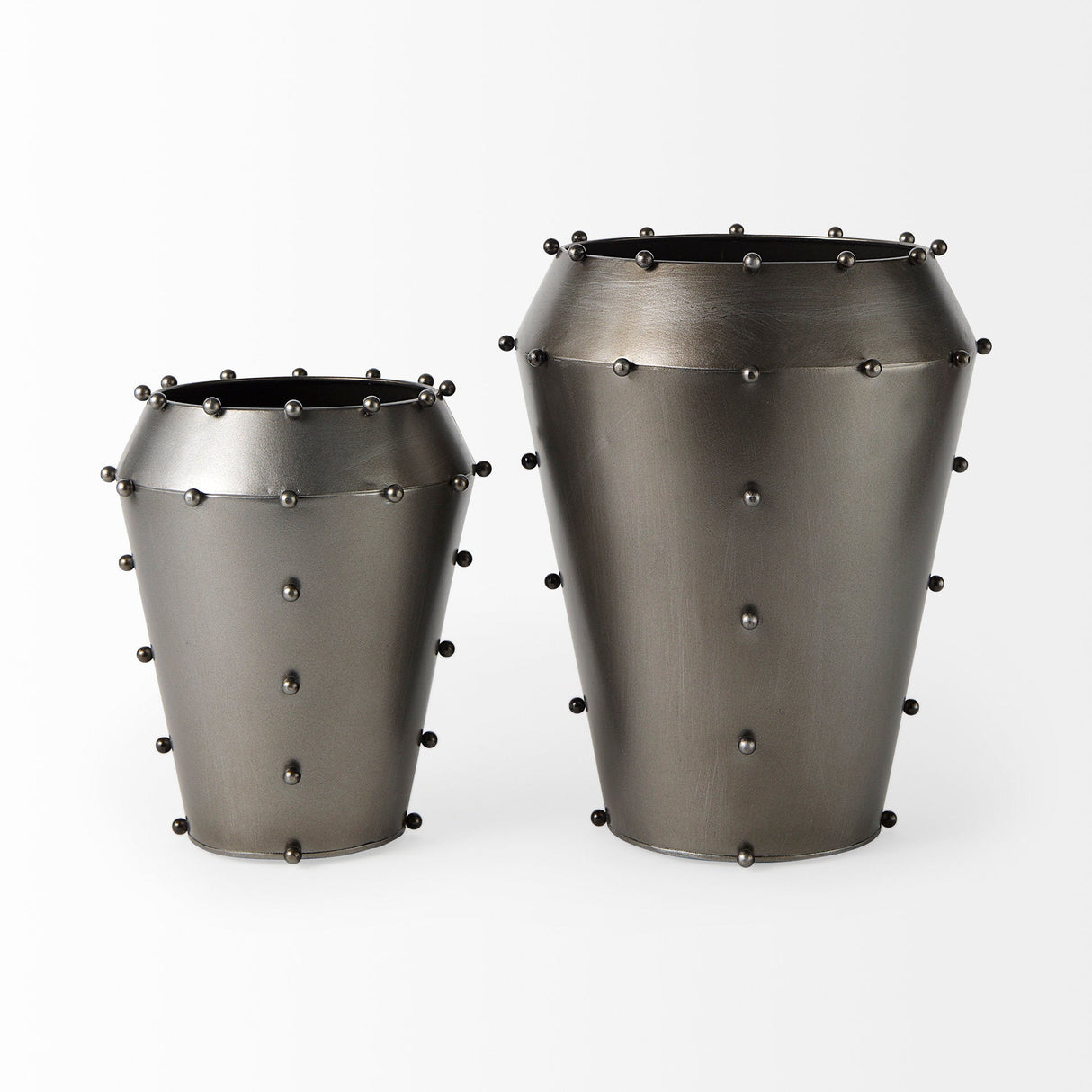 Elio 12.2H Large Gun Metal Gray Metal W/Studs Vase by Mercana at Eve Furniture