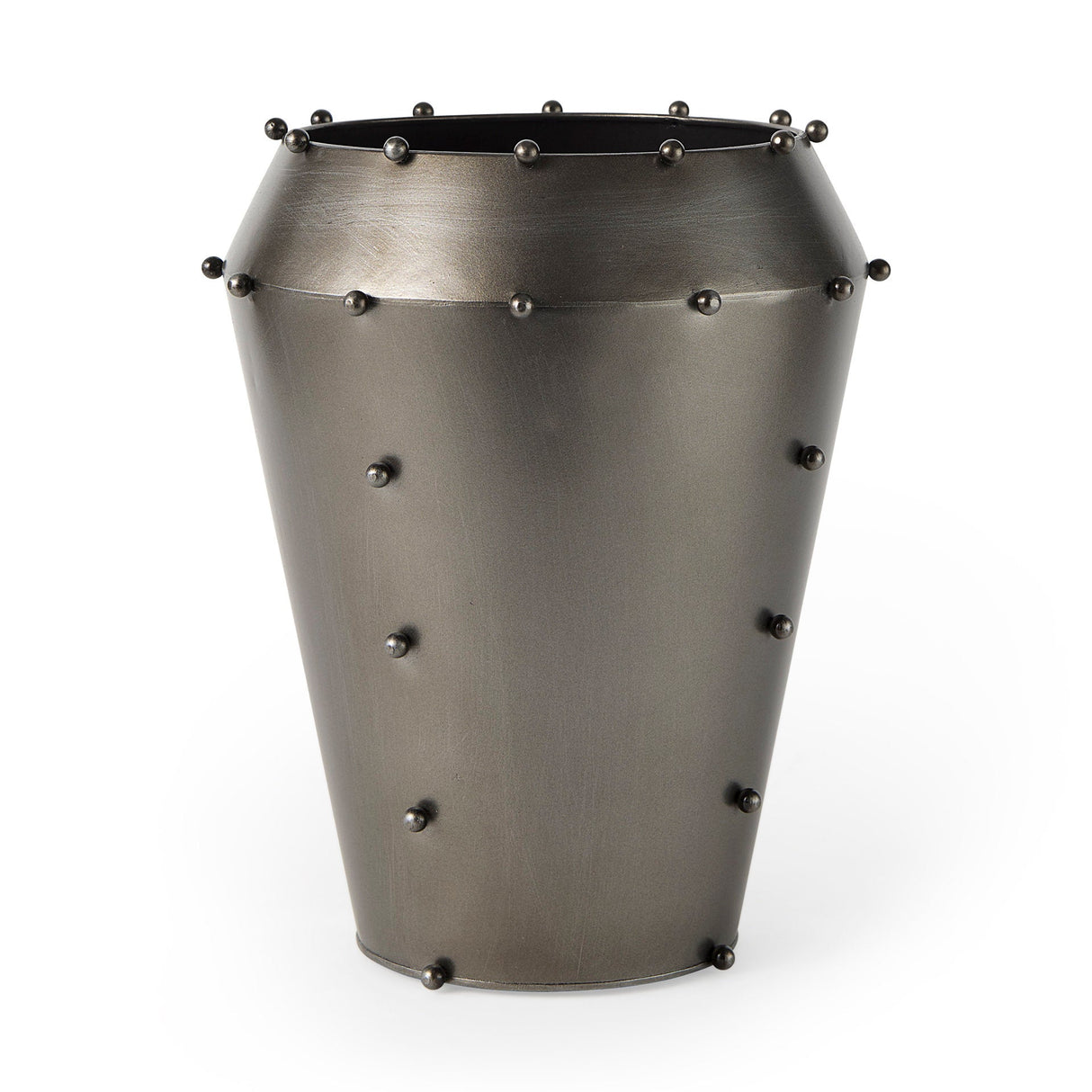 Elio 12.2H Large Gun Metal Gray Metal W/Studs Vase by Mercana at Eve Furniture