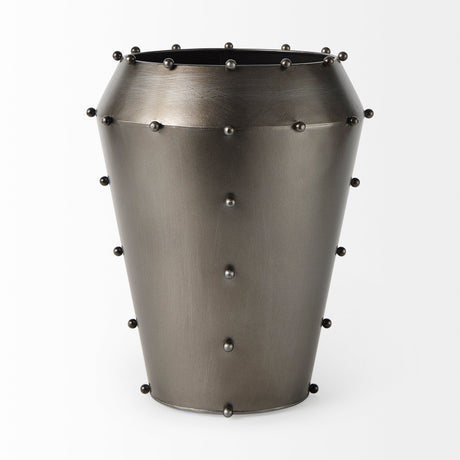 Elio Large Gun Metal Gray Metal W/Studs Vase by Mercana at Eve Furniture