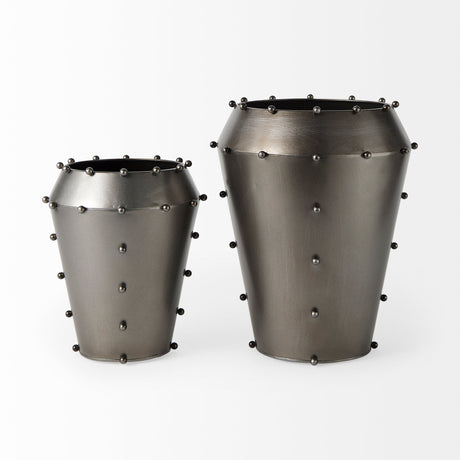 Elio Large Gun Metal Gray Metal W/Studs Vase by Mercana at Eve Furniture