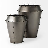 Elio Large Gun Metal Gray Metal W/Studs Vase by Mercana at Eve Furniture