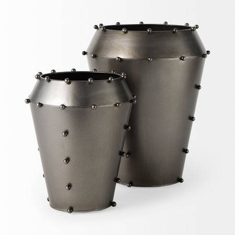 Elio Large Gun Metal Gray Metal W/Studs Vase by Mercana at Eve Furniture