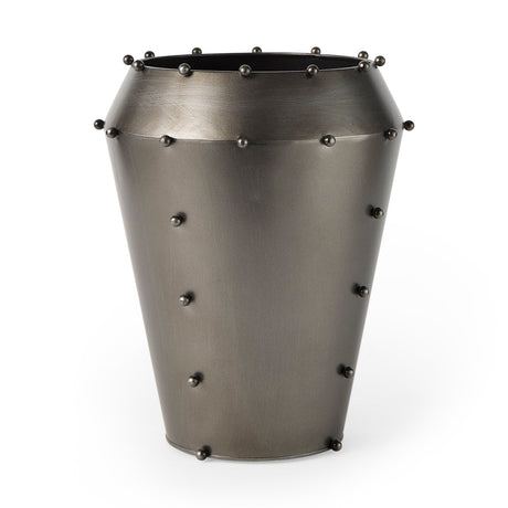 Elio Large Gun Metal Gray Metal W/Studs Vase by Mercana at Eve Furniture