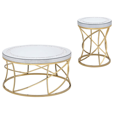 Elise Gold 2-Piece Round Mirror Top Coffee and End Table Set by Coaster at Eve Furniture