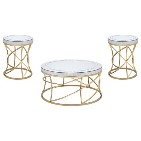 Elise Gold 3-Piece Round Mirror Top Coffee and End Table Set by Coaster at Eve Furniture