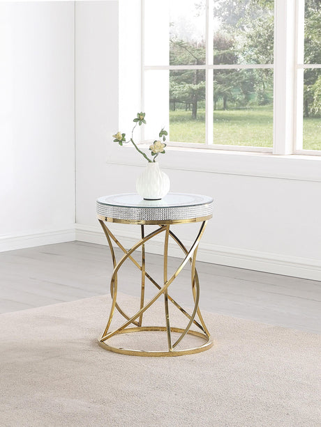 Elise Gold Round Mirror Top Stainless Steel End Table by Coaster at Eve Furniture