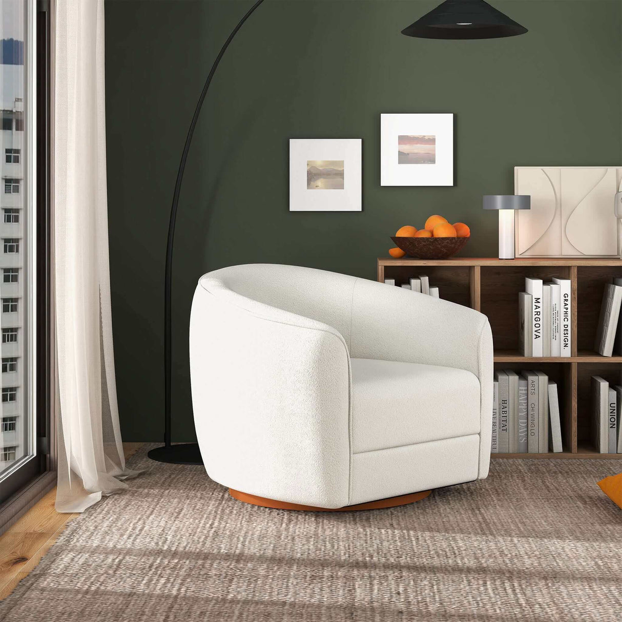 Elise Mid Century Modern Beige Boucle Swivel Chair by Ashcroft Furniture at Eve Furniture