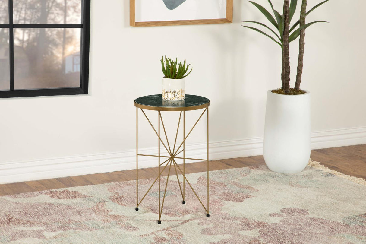 Eliska Green/Antique Gold Round Accent Table with Marble Top