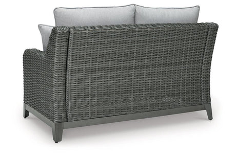 Elite Park Gray Outdoor Loveseat with Cushion by Ashley at Eve Furniture