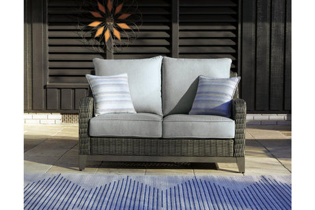 Elite Park Gray Outdoor Loveseat with Cushion by Ashley at Eve Furniture