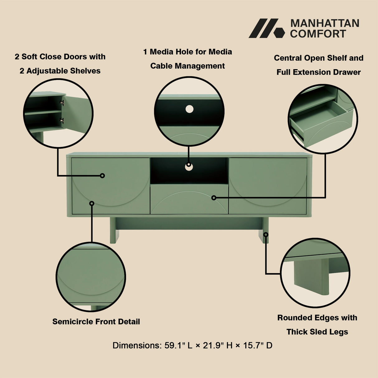Ella 59" TV Stand in Sage Green by Manhattan Comfort at Eve Furniture