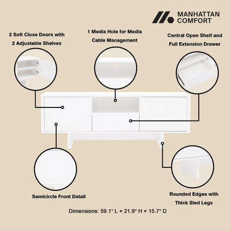 Ella 59" TV Stand in White by Manhattan Comfort at Eve Furniture