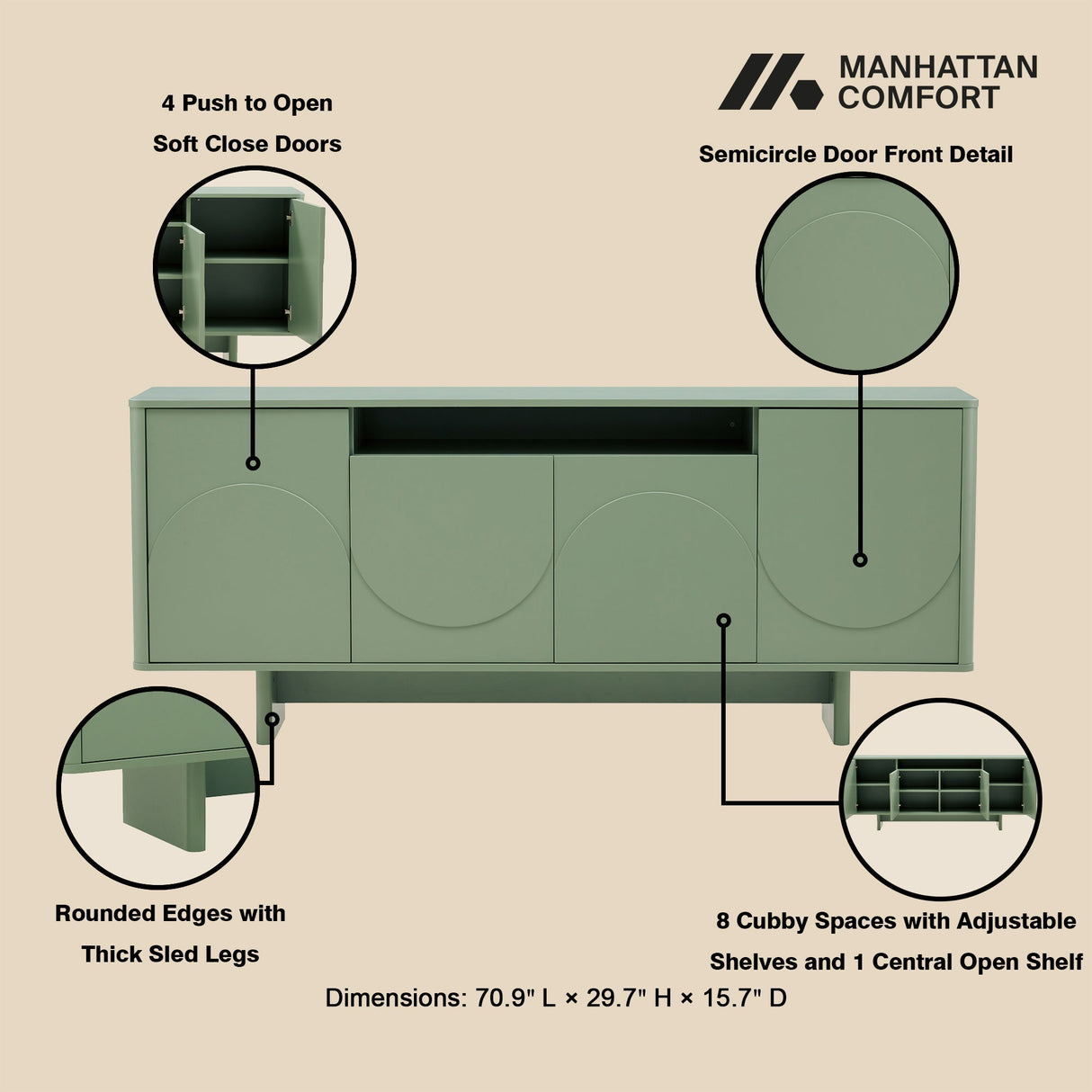 Ella 70.86" Sideboard in Sage Green by Manhattan Comfort at Eve Furniture
